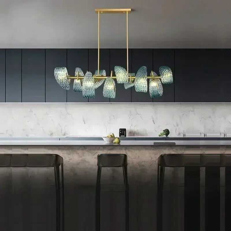 Blue Glass Led Pendant Lamps and Gold Chandelier