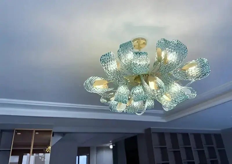 Blue Glass Led Pendant Lamps and Gold Chandelier
