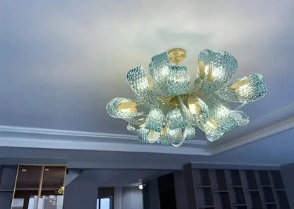 Blue Glass Led Pendant Lamps and Gold Chandelier