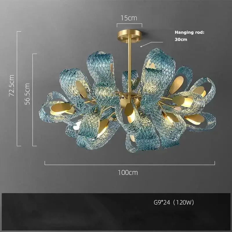 Blue Glass Led Pendant Lamps and Gold Chandelier
