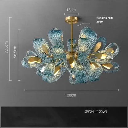 Blue Glass Led Pendant Lamps and Gold Chandelier