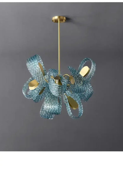Blue Glass Led Pendant Lamps and Gold Chandelier