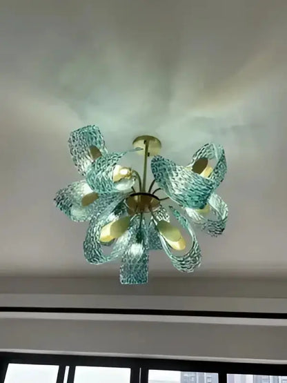 Blue Glass Led Pendant Lamps and Gold Chandelier