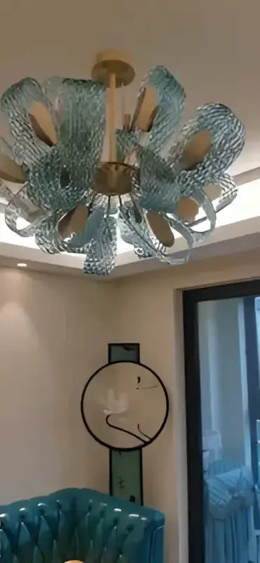 Blue Glass Led Pendant Lamps and Gold Chandelier