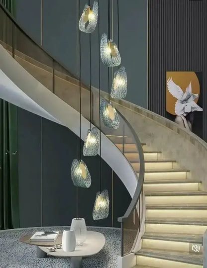 Blue Glass Led Pendant Lamps and Gold Chandelier