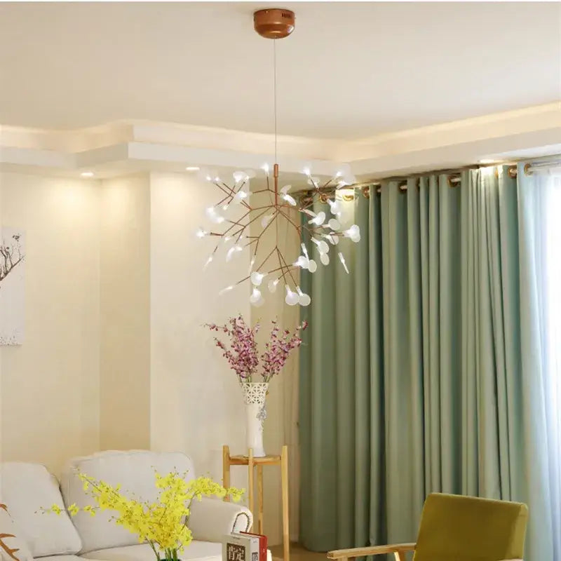 Rose Gold Branch Chandelier Decorbites, copper arms with glass leaf pendants, living room on Tampa Home & Garden Store