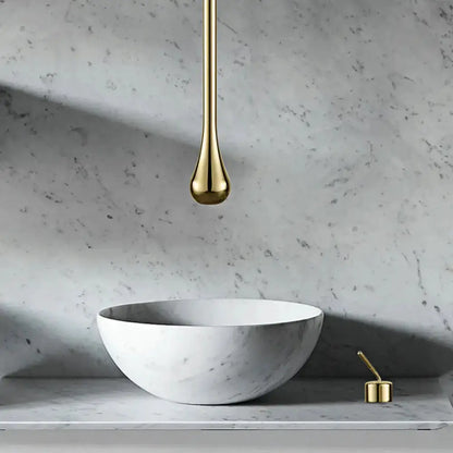 Decorbites brass single-handle bathroom faucet pendant light over marble sink on Tampa Home & Garden Store