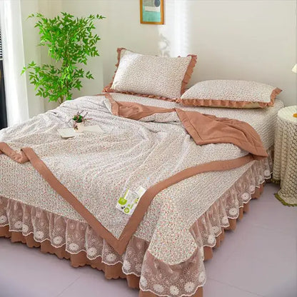 Green patchwork cotton duvet cover set by Decorbites on bed with brown trim and lace edging on Tampa Home & Garden Store
