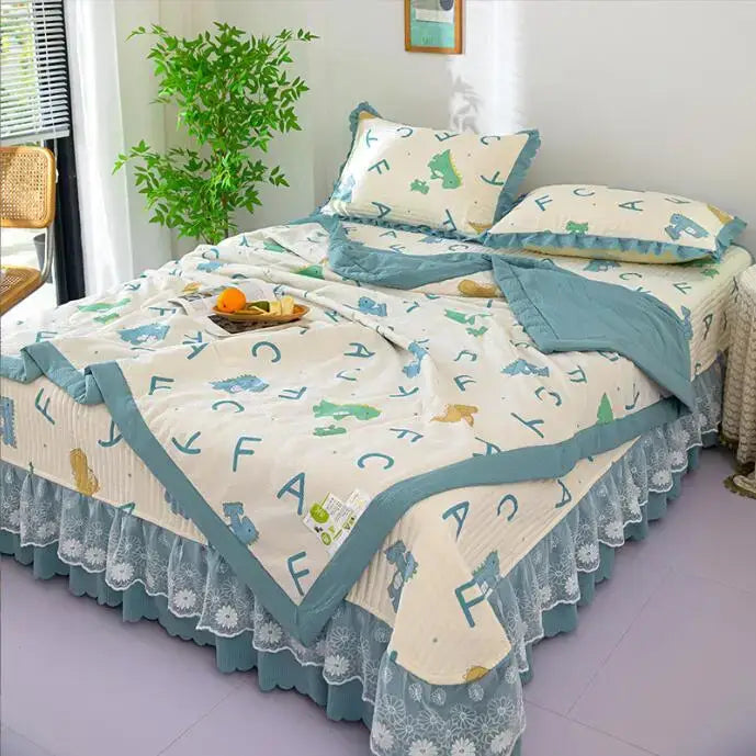 Green Patchwork Cotton Bedding duvet cover by Decorbites with teal border and lace blue skirt on Tampa Home & Garden Store