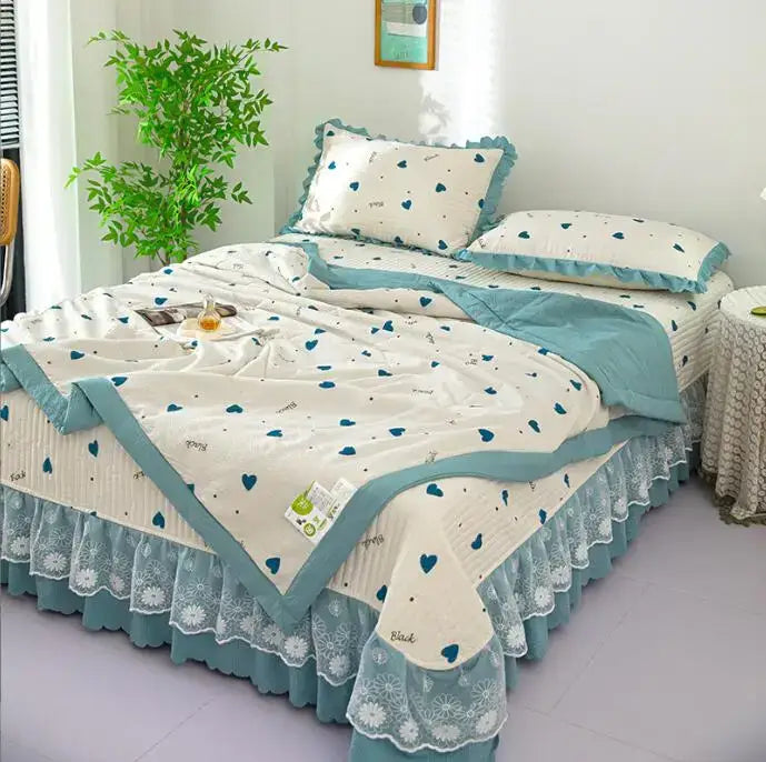 Green patchwork cotton duvet cover set with blue hearts and matching pillowcases by Decorbites on Tampa Home & Garden Store