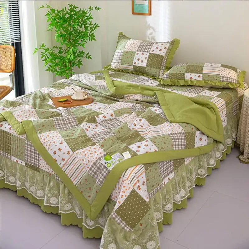 Green patchwork cotton duvet cover set by Decorbites with lime green border on a bed on Tampa Home & Garden Store