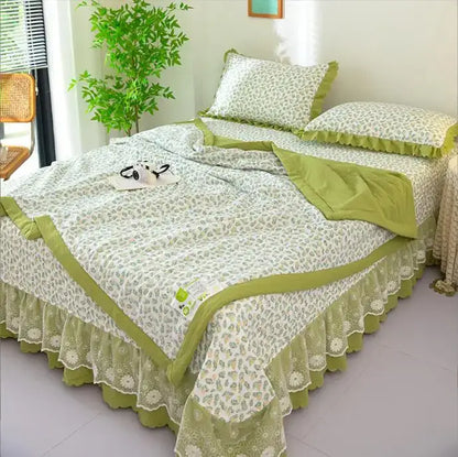 Green patchwork cotton duvet cover set by Decorbites with lime-green border on bed on Tampa Home & Garden Store
