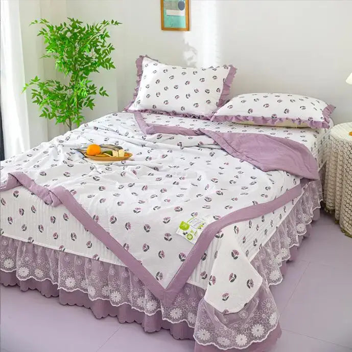 Decorbites cotton bedding duvet cover set with lavender trim and floral print on a bed on Tampa Home & Garden Store