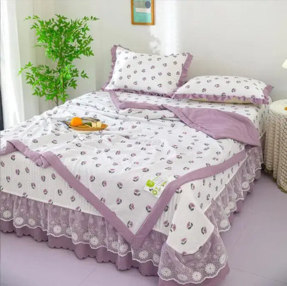 Decorbites cotton bedding duvet cover set with lavender trim and floral print on a bed on Tampa Home & Garden Store