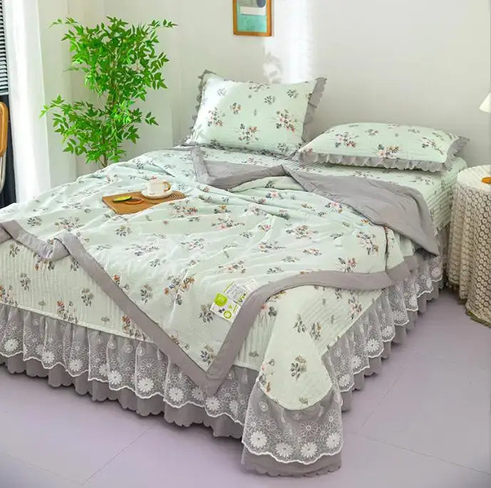 Decorbites green patchwork cotton duvet cover set with floral print and lavender-gray trim on Tampa Home & Garden Store
