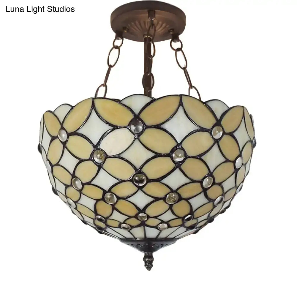 Amber glass ceiling light flush mount with petal mosaic pattern and crystal accents, Decorbites on Tampa Home & Garden Store