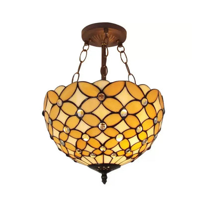 Amber glass ceiling light with Tiffany-style orange petals and crystal accents, hanging chain on Tampa Home & Garden Store