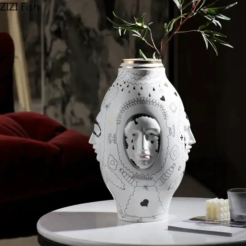 Vase abstract facial ceramic vase white with gold accents for desktop decor Decorbites on Tampa Home & Garden Store