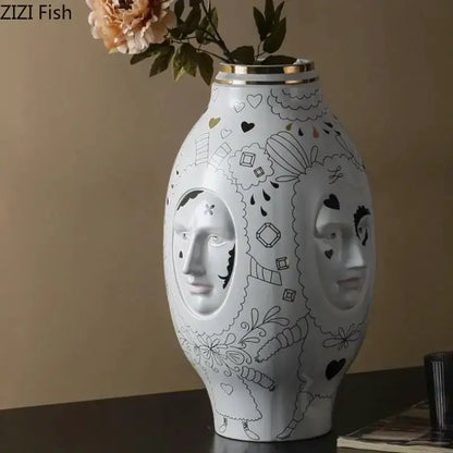 Vase Decorbites abstract facial ceramic vase white with gold rim two face reliefs desktop decor on Tampa Home & Garden Store