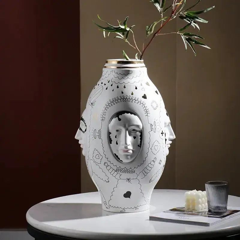 Vase Decorbites white and gold ceramic vase with abstract facial design desktop decor on Tampa Home & Garden Store