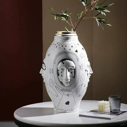 Vase Decorbites white and gold ceramic vase with abstract facial design desktop decor on Tampa Home & Garden Store