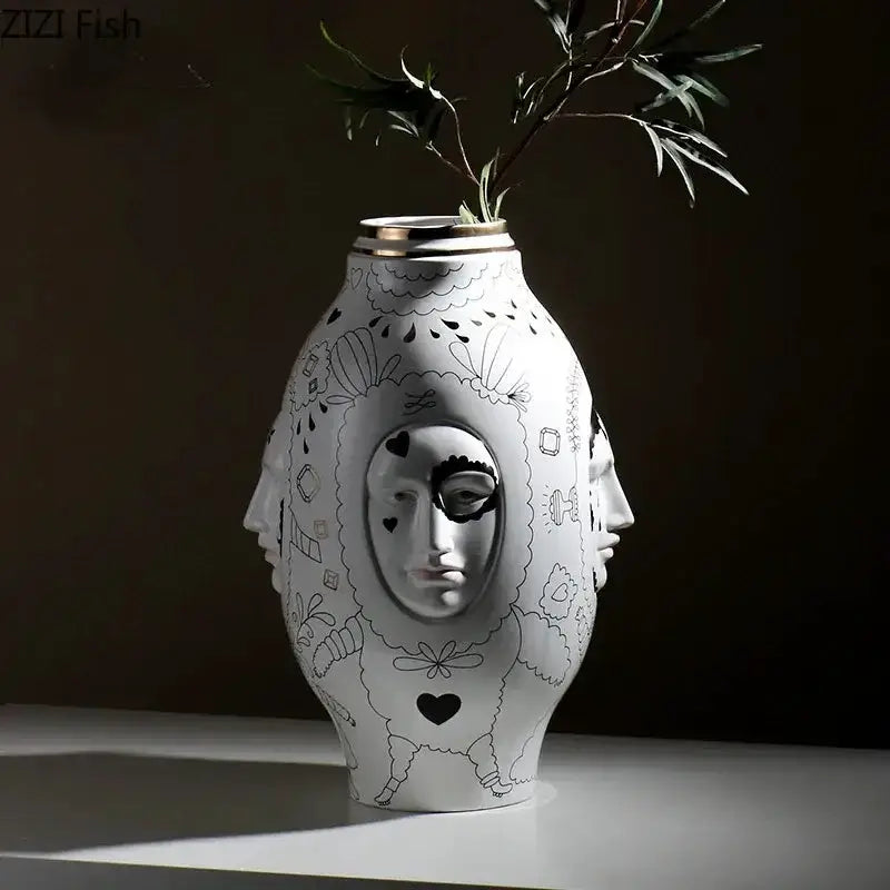 Abstract facial ceramic vase white with gold rim, carved face reliefs for desktop decor Decorbites on Tampa Home & Garden Store