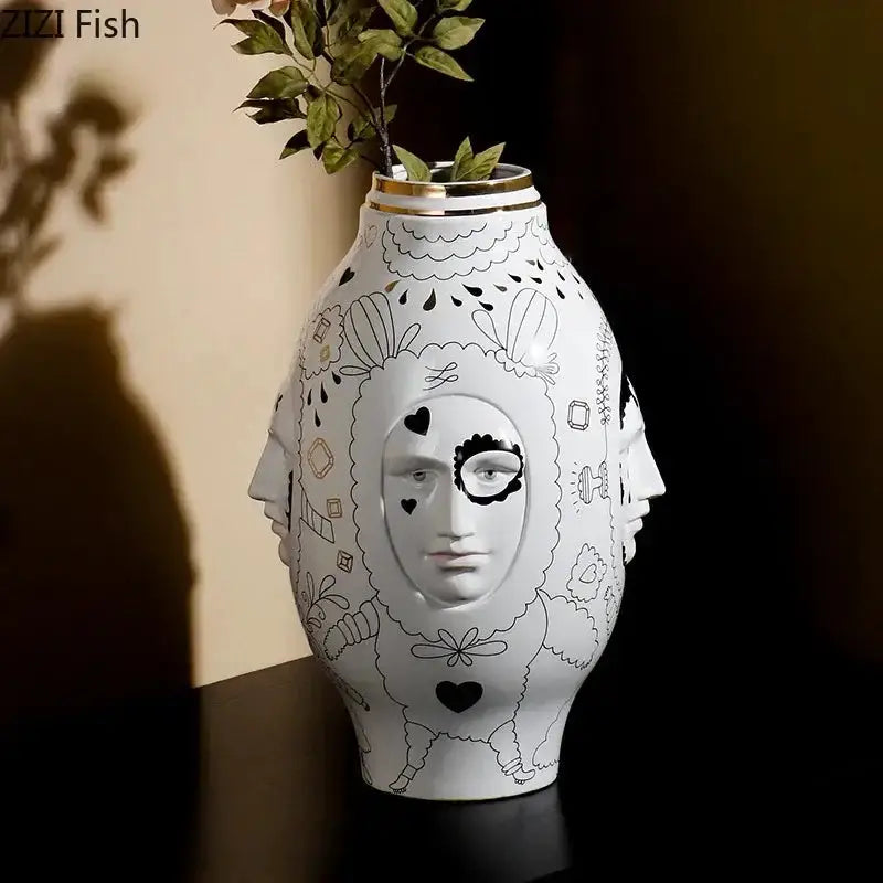Abstract facial ceramic vase white and gold with sculpted face reliefs for desk decor Decorbites on Tampa Home & Garden Store