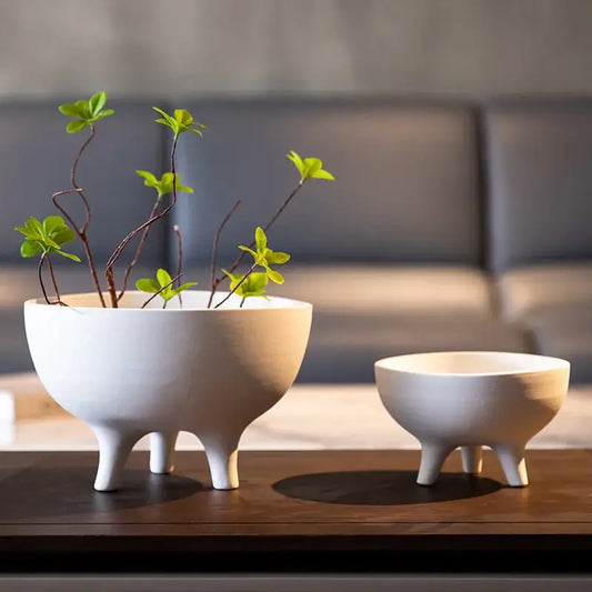 White ceramic tripod planters set: large plant vase and small bowl by Decorbites on Tampa Home & Garden Store