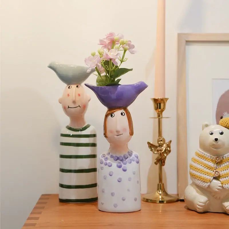 Blue Ceramic Vase Set by Decorbites; whimsical head vases with purple and green bowl tops on Tampa Home & Garden Store