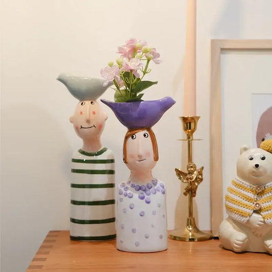 Blue Ceramic Vase Set by Decorbites; whimsical head vases with purple and green bowl tops on Tampa Home & Garden Store