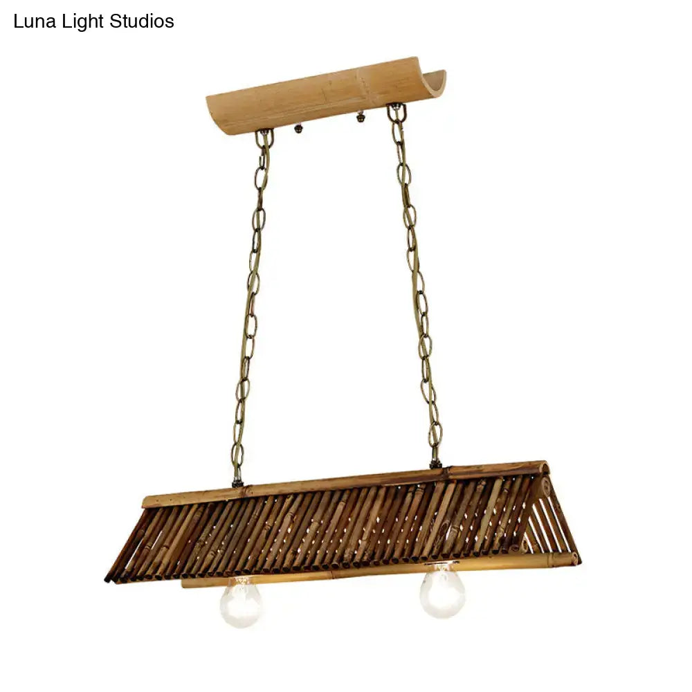 Decorbites bamboo triangular island light pendant with slatted bamboo and two bulbs on chains on Tampa Home & Garden Store