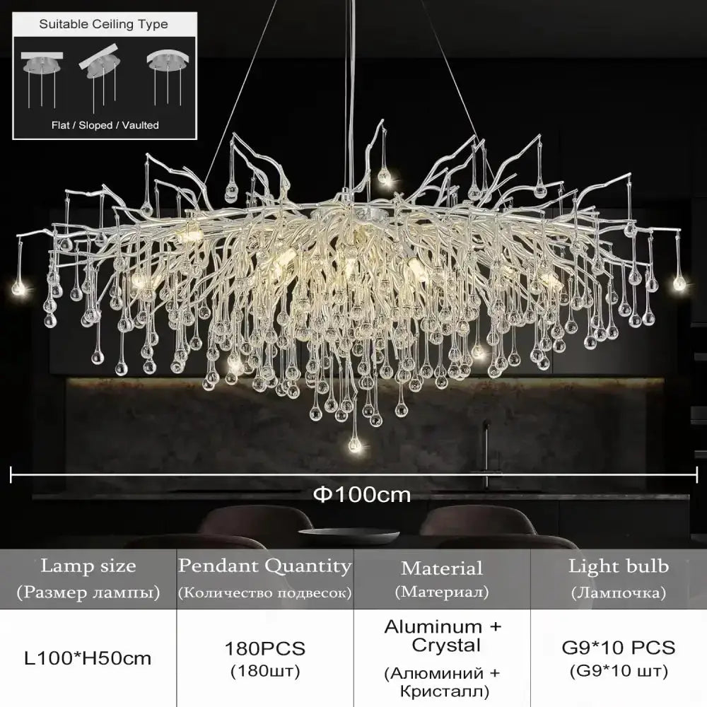 Chrome Rectangular Crystal Chandelier For Dining