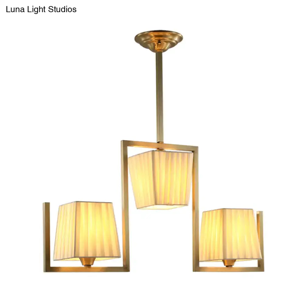 Decorbites brass modern flush mount ceiling light with three pleated beige shades on Tampa Home & Garden Store