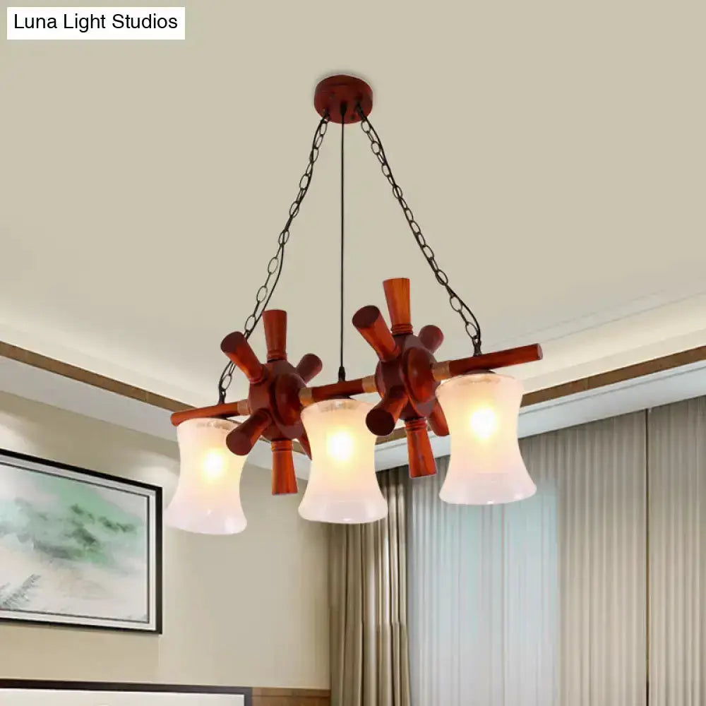 Nautical wood rudder deco 3-light pendant light with brown finish and frosted glass shades on Tampa Home & Garden Store