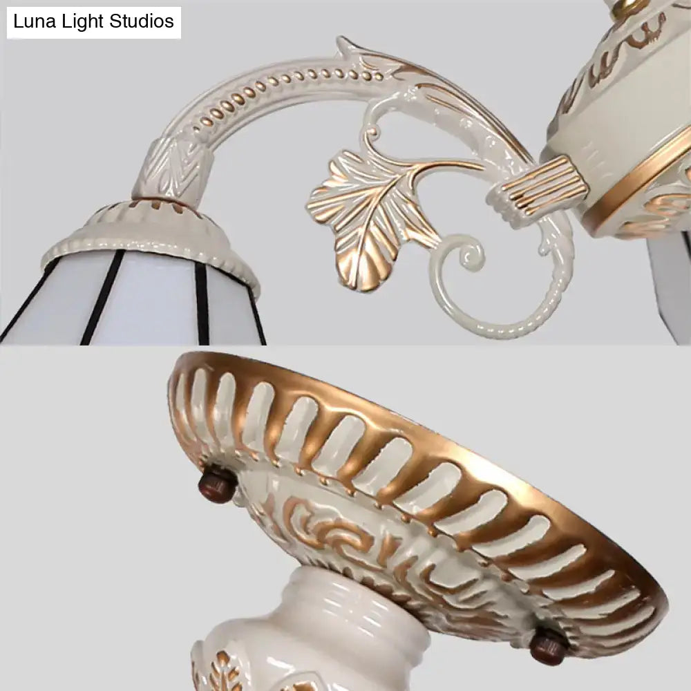 Cream Blue Glass Chandelier with white and gold leaf accents and ornate shade by Decorbites on Tampa Home & Garden Store