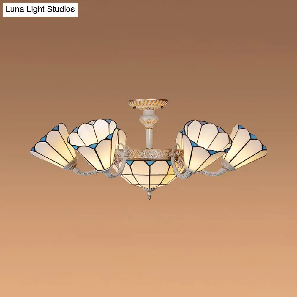 Cream Blue Glass Chandelier five-light ceiling fixture Decorbites petal shades ornate metalwork on Tampa Home & Garden Store