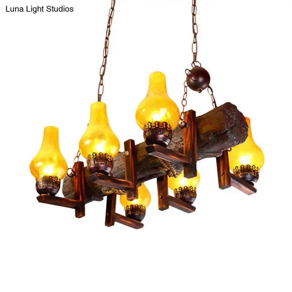 Yellow crackle glass chandelier with five amber lamps on a rustic wooden frame on Tampa Home & Garden Store