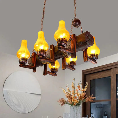 Decorbites yellow crackle glass chandelier with rustic wood frame and hanging chains on Tampa Home & Garden Store