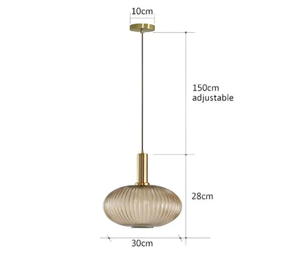 Decorbites retro amber ribbed glass dining pendant light with brass fixture, 30cm shade on Tampa Home & Garden Store