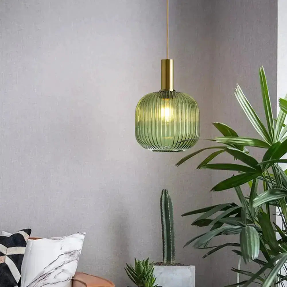 Retro ribbed amber glass pendant light with brass cap for dining room on Tampa Home & Garden Store