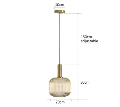 Retro amber ribbed glass pendant light by Decorbites, brass hardware, 20cm dia, 150cm cord on Tampa Home & Garden Store