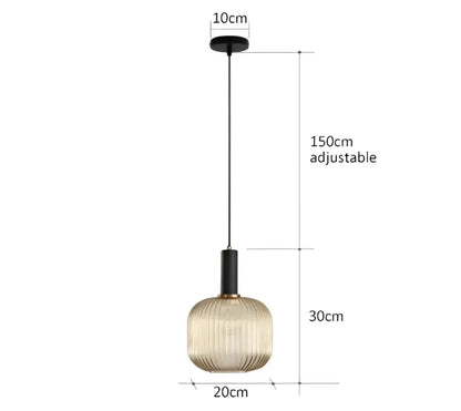 Retro ribbed amber glass pendant light Decorbites dining, 20cm shade, 150cm adjustable cord on Tampa Home & Garden Store