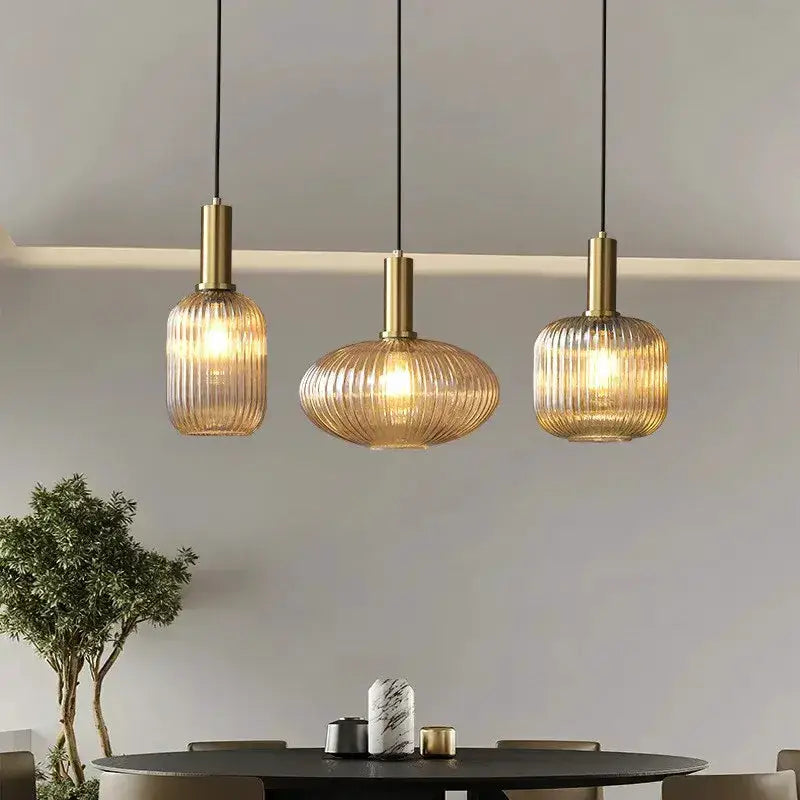 Retro amber ribbed glass pendant lights (set of 3) by Decorbites with brass hardware on Tampa Home & Garden Store