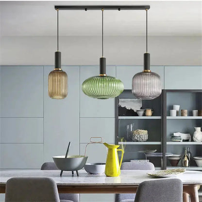 Retro ribbed amber, green, and lavender glass pendant lights for dining room by Decorbites on Tampa Home & Garden Store