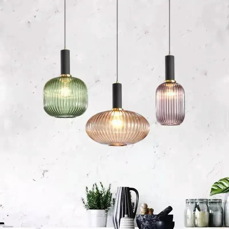 Decorbites retro ribbed glass pendant lights, 3-pack green amber purple, dining room on Tampa Home & Garden Store