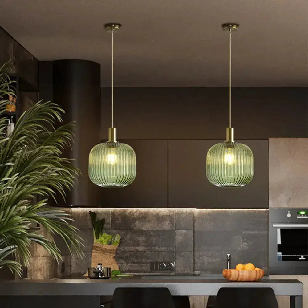 Decorbites retro ribbed amber glass pendant lights, pair for dining room on Tampa Home & Garden Store