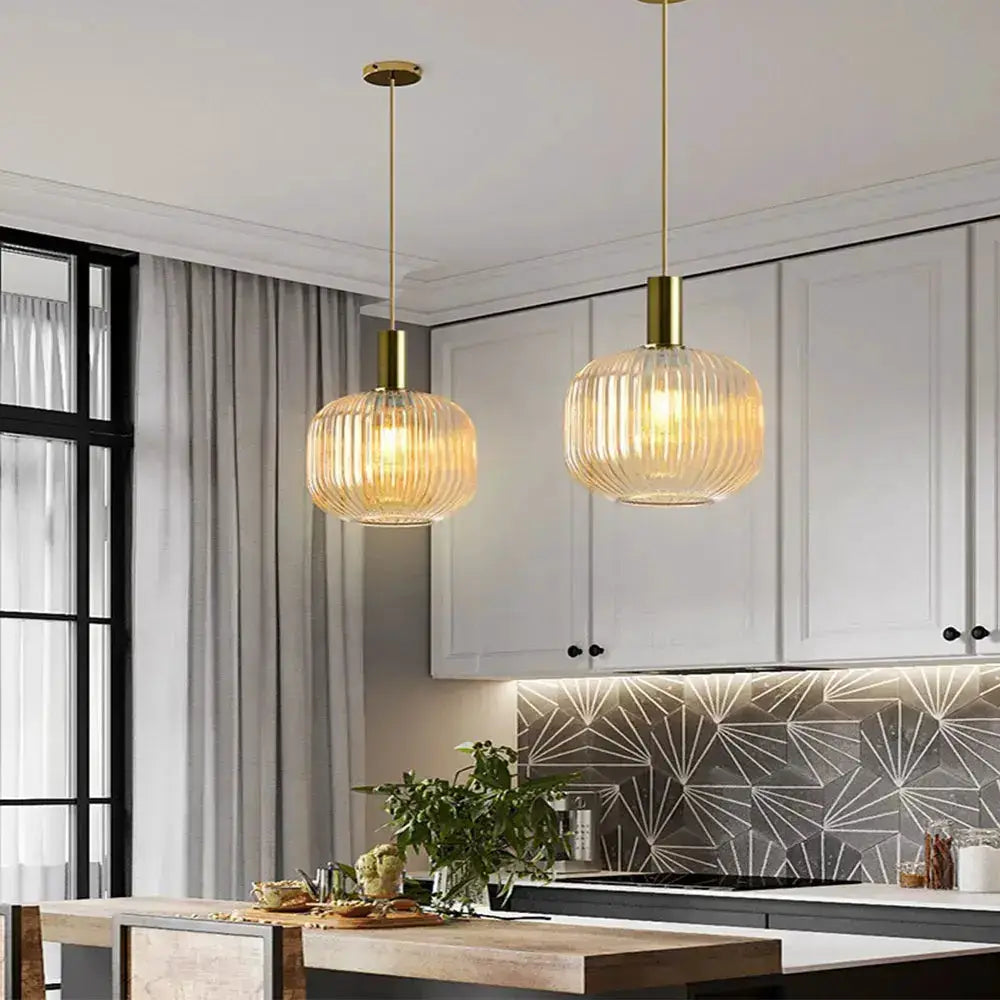 Retro amber glass pendant lights by Decorbites, 2 pendants over island on Tampa Home & Garden Store