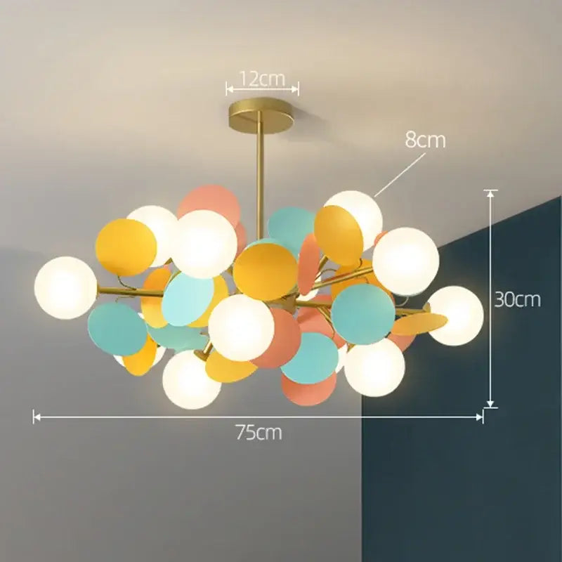 Brass Branch Chandelier by Decorbites with globe shades in yellow teal pink white; 75cm wide on Tampa Home & Garden Store