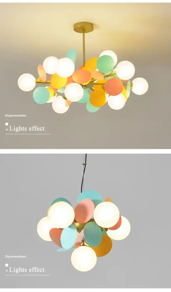 Brass Branch Chandelier by Decorbites with multicolor disc shades and white globes on Tampa Home & Garden Store