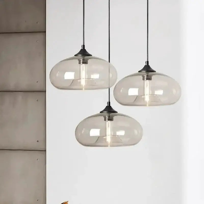 Pendant lights set of 3 Decorbites amber smoky gray glass LED pendants with black metal caps on Tampa Home & Garden Store